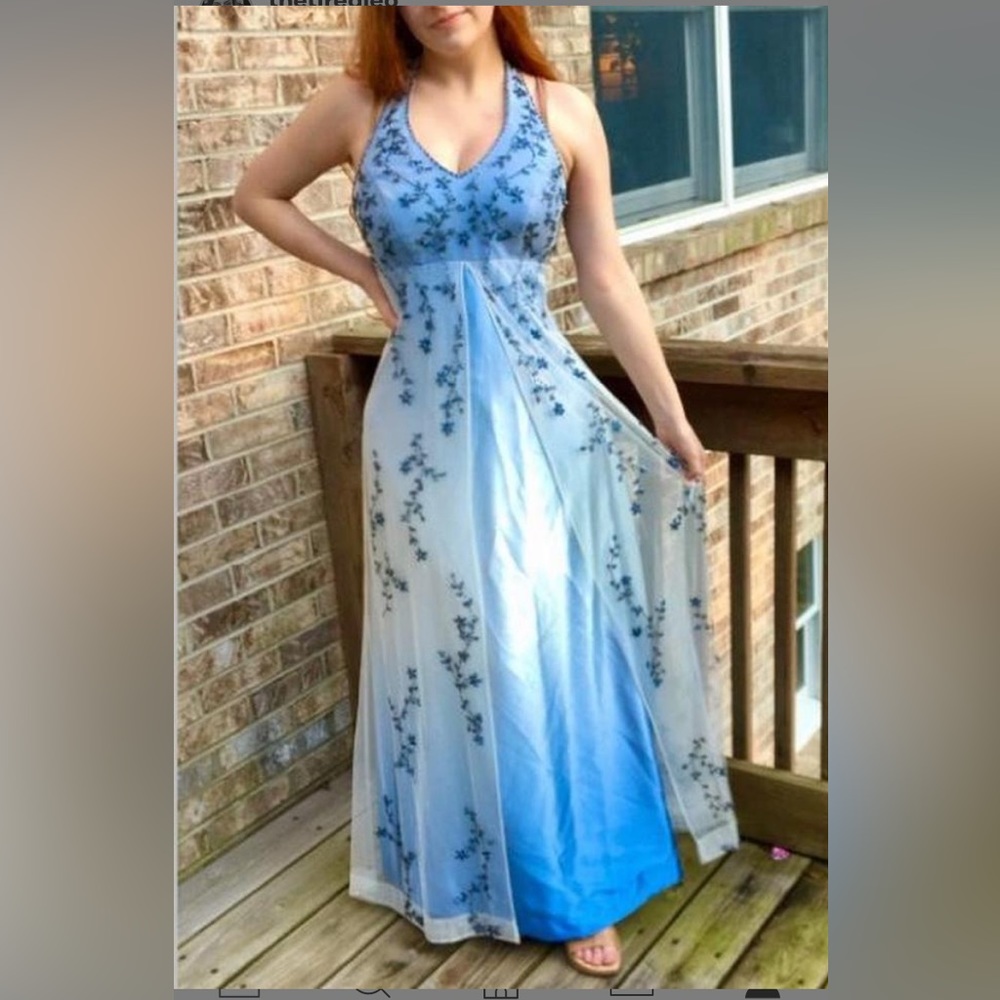 Vintage 90s Blue & White Ombré Beaded Cape Prom Halter Dress